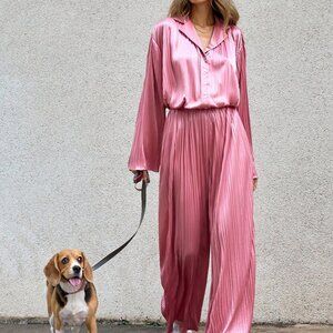 Casually Chic Satin Blouse & Wide Leg Pants pink